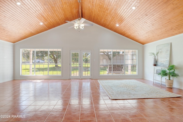 unfurnished living room featuring wood ceiling, ceiling fan, and high vaulted ceiling