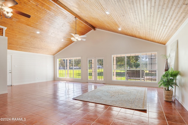 unfurnished living room featuring beamed ceiling, high vaulted ceiling, tile patterned floors, ceiling fan, and wooden ceiling