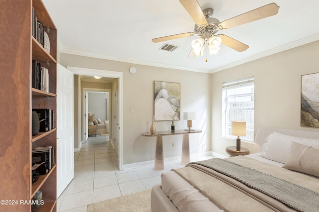 bedroom with light tile patterned floors, ceiling fan, and crown molding