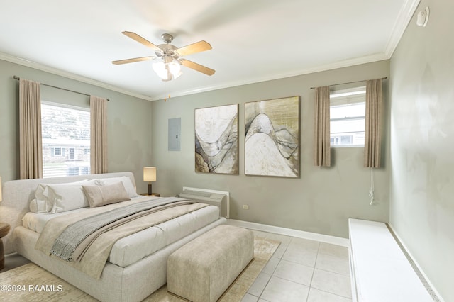 tiled bedroom with ornamental molding and ceiling fan