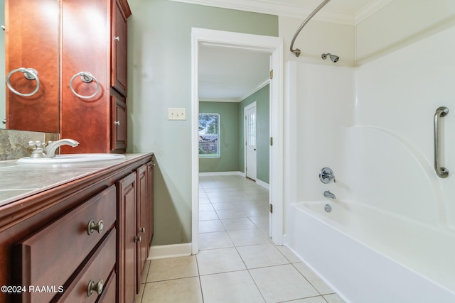 bathroom with vanity, tile patterned flooring, tub / shower combination, and ornamental molding