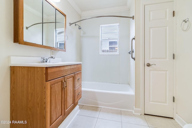 bathroom with crown molding, vanity, shower / bathing tub combination, and tile patterned floors