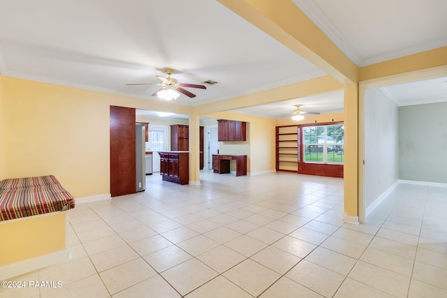 unfurnished living room featuring light tile patterned flooring, crown molding, and ceiling fan