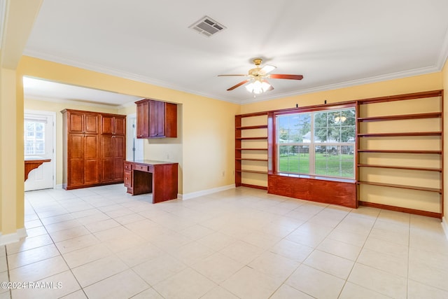 unfurnished living room featuring light tile patterned flooring, ceiling fan, and ornamental molding