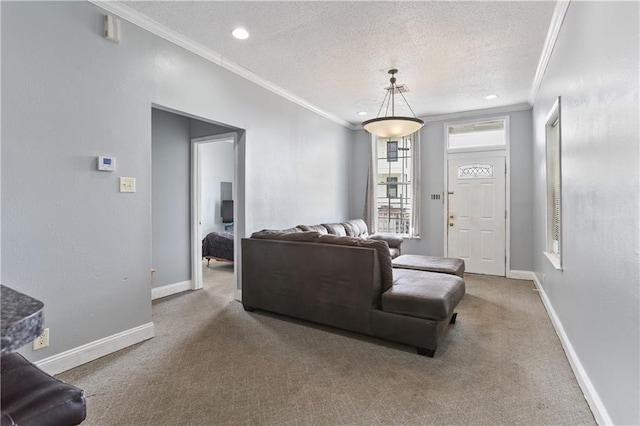 living area featuring a textured ceiling, ornamental molding, carpet flooring, and baseboards