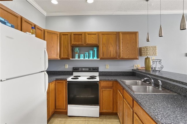 kitchen with range with electric stovetop, freestanding refrigerator, brown cabinets, dark countertops, and crown molding