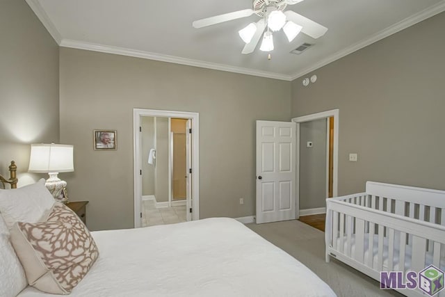 bedroom featuring ornamental molding, visible vents, ceiling fan, and baseboards