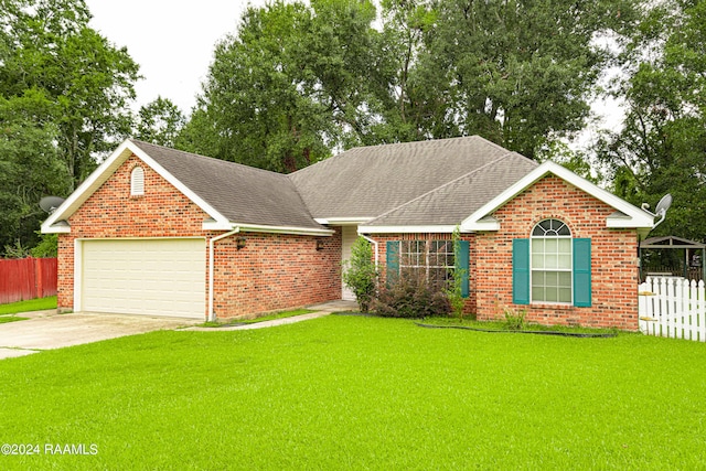 view of front facade with a front yard and a garage