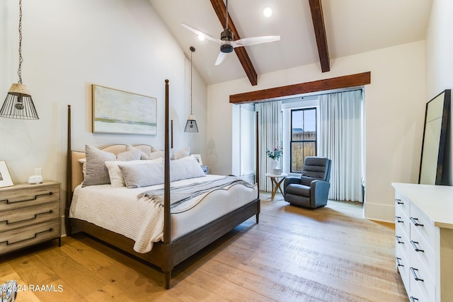 bedroom featuring ceiling fan, beamed ceiling, light hardwood / wood-style floors, and high vaulted ceiling