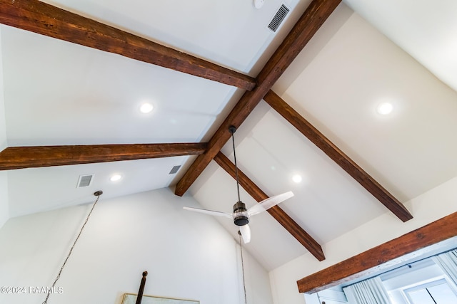 interior details with ceiling fan and beam ceiling