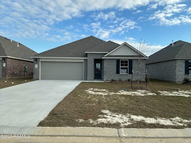 ranch-style house featuring an attached garage, brick siding, concrete driveway, and roof with shingles