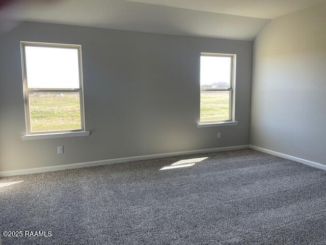 spare room with lofted ceiling, carpet, and baseboards