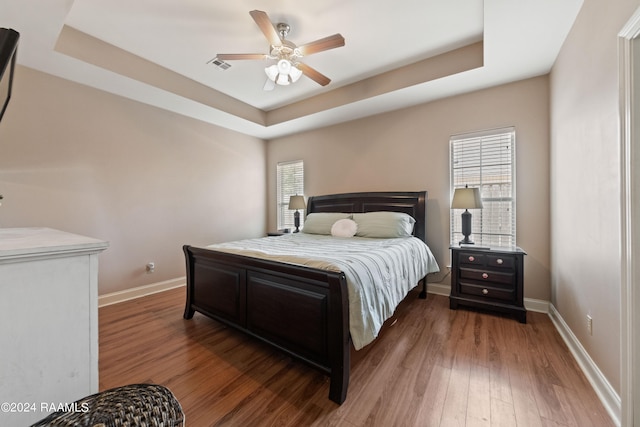 bedroom with a raised ceiling, dark wood-type flooring, and multiple windows