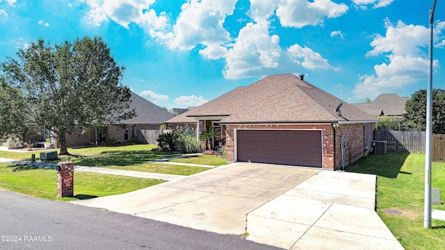 view of front of home featuring a front yard, central AC unit, and a garage