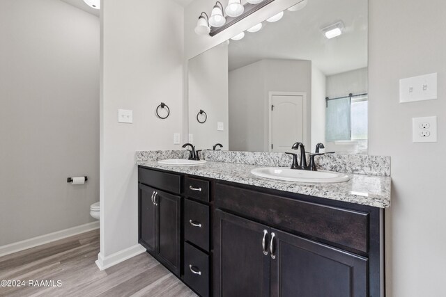 bathroom featuring hardwood / wood-style floors, vanity, and toilet