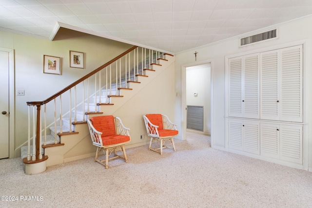 interior space featuring ornamental molding and carpet