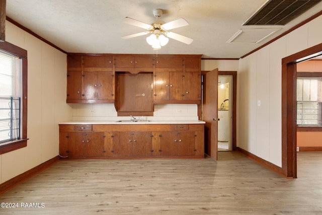 kitchen with ornamental molding, light hardwood / wood-style floors, ceiling fan, and sink