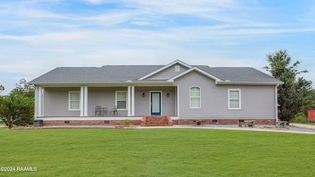 ranch-style house with a shingled roof, a front yard, a porch, and crawl space