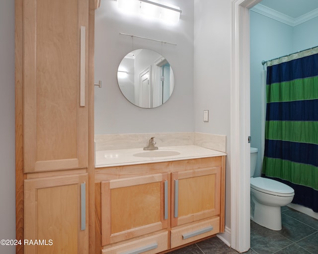 bathroom featuring vanity, tile patterned flooring, a shower with shower curtain, ornamental molding, and toilet