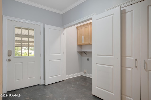 laundry area with cabinets, ornamental molding, and electric dryer hookup