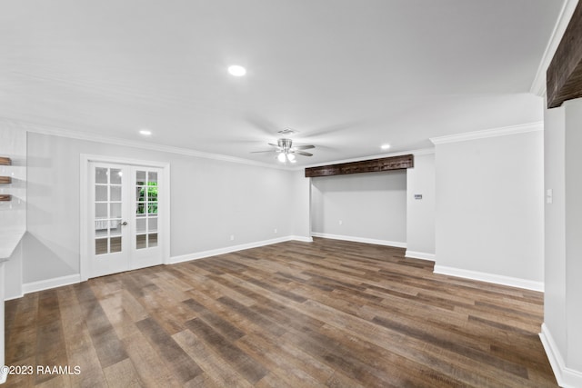 unfurnished living room featuring ceiling fan, french doors, dark hardwood / wood-style floors, and ornamental molding