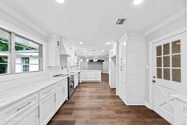 kitchen with white cabinets, sink, and dark wood-type flooring