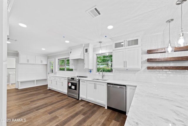 kitchen with dark hardwood / wood-style floors, white cabinetry, sink, and stainless steel appliances