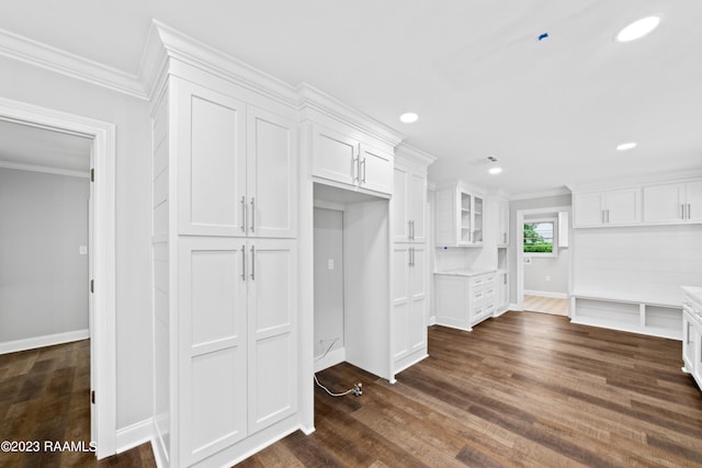 interior space featuring crown molding, dark hardwood / wood-style flooring, and white cabinets