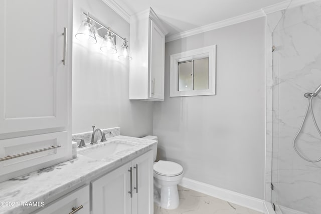 bathroom with ornamental molding, walk in shower, vanity, and toilet