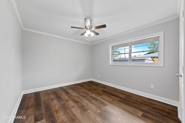 spare room with ceiling fan, hardwood / wood-style flooring, and crown molding