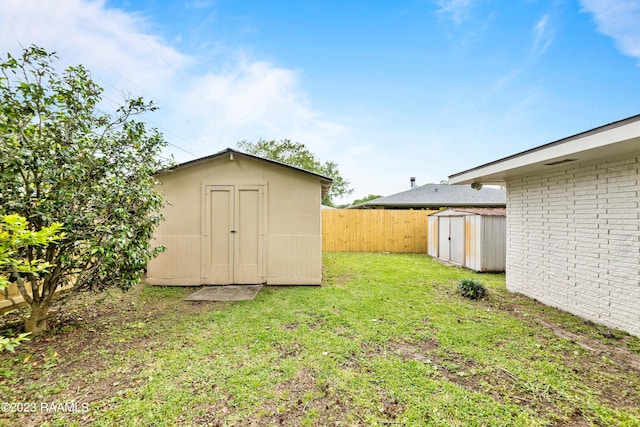 view of yard featuring a storage unit