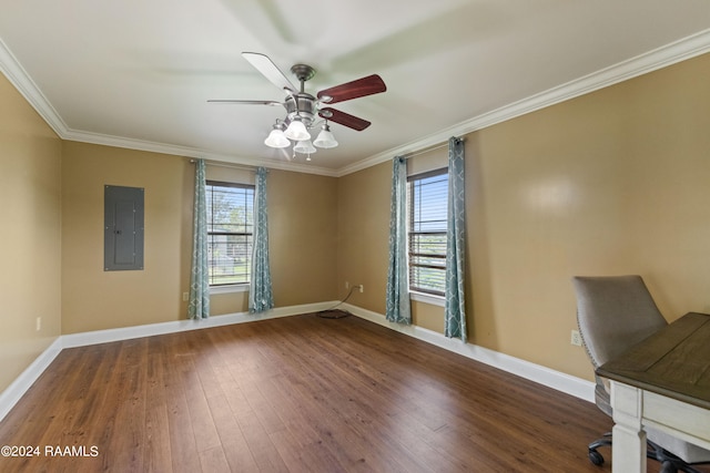 unfurnished office featuring ceiling fan, electric panel, crown molding, and dark wood-type flooring