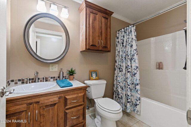 full bathroom featuring vanity, shower / bathtub combination with curtain, tile patterned floors, crown molding, and toilet