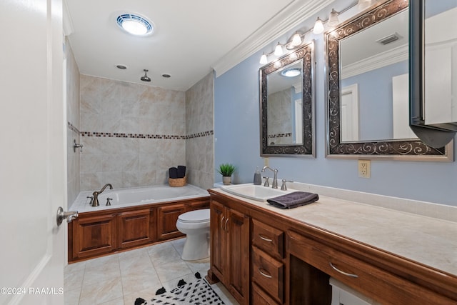 full bathroom with tile patterned flooring, independent shower and bath, crown molding, vanity, and toilet