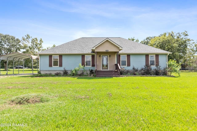 single story home featuring a front lawn and a carport