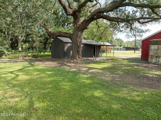 view of yard with a storage shed