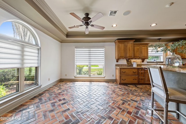 kitchen with crown molding, light stone countertops, ceiling fan, and a wealth of natural light