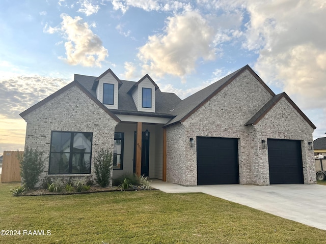 view of front of house featuring a front yard and a garage