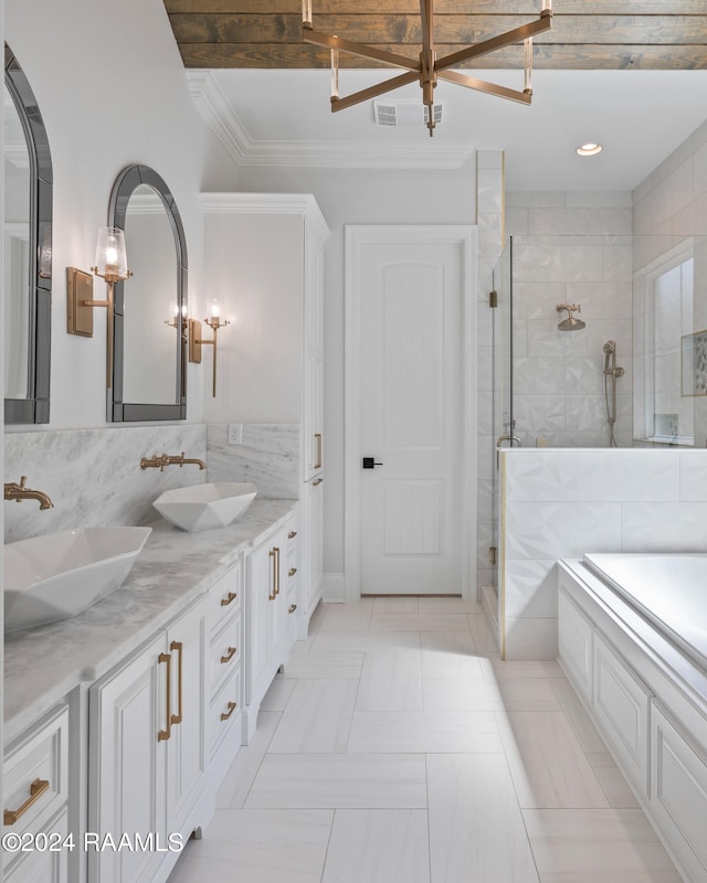 bathroom featuring tile patterned flooring, plus walk in shower, vanity, and tile walls