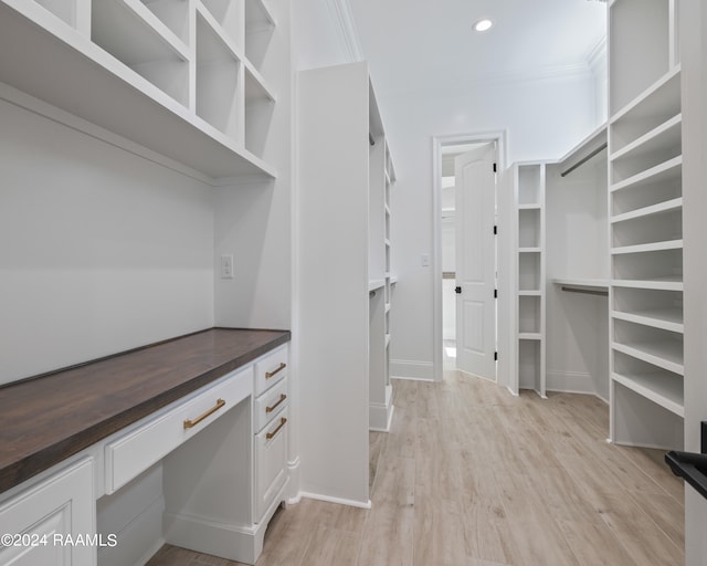 spacious closet with built in desk and light hardwood / wood-style flooring