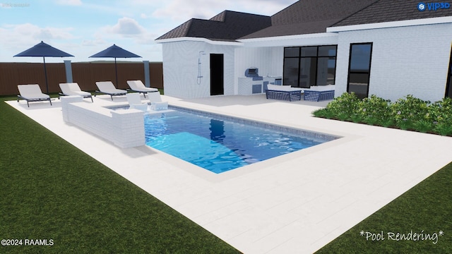 view of swimming pool with a patio and a lawn