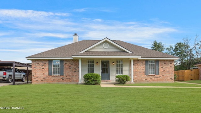 ranch-style house with a carport, a porch, and a front lawn