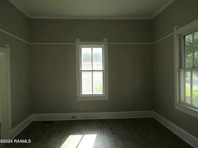 empty room featuring crown molding, plenty of natural light, and dark hardwood / wood-style flooring