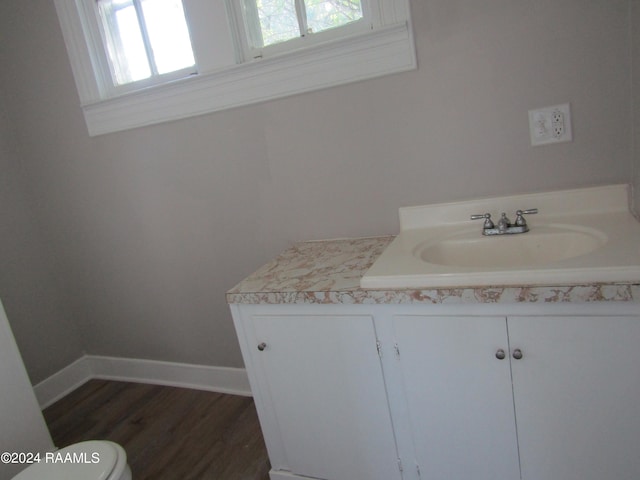 bathroom featuring vanity, wood-type flooring, and toilet