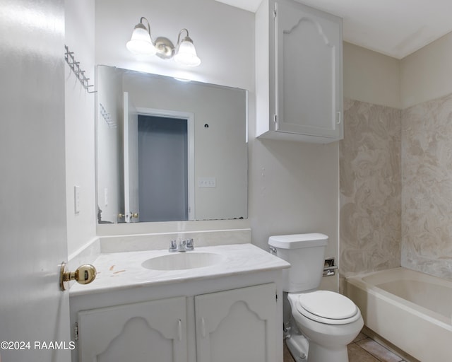 full bathroom with shower / bathtub combination, tile patterned flooring, vanity, and toilet