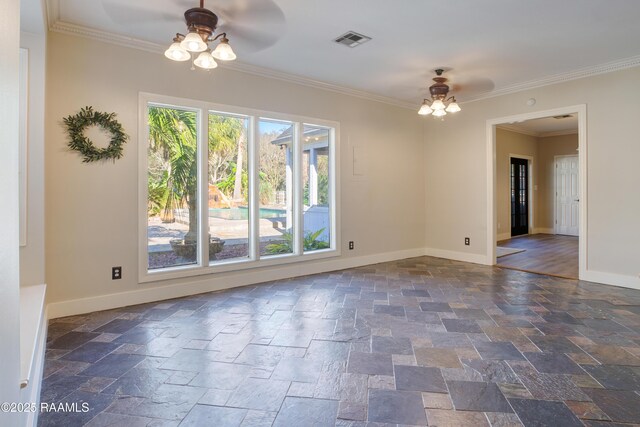 unfurnished room with ceiling fan and crown molding