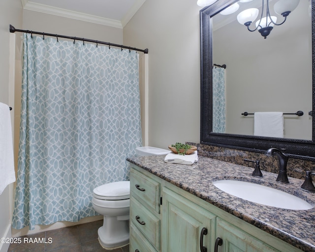 bathroom with a chandelier, vanity, toilet, and crown molding