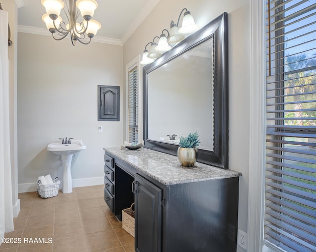 bathroom featuring a chandelier, tile patterned flooring, and ornamental molding