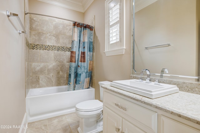 full bathroom featuring toilet, tile patterned flooring, shower / bath combination with curtain, crown molding, and vanity