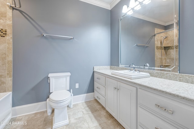 bathroom featuring toilet, ornamental molding, vanity, and tile patterned flooring